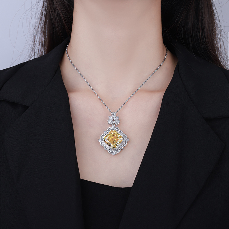 S925 Silver High-Carbon Diamond Royal Blue Square Pendant Necklace, 18x18mm Main Stone Luxury Design, Stylish and Elegant Women's Jewelry, Perfec