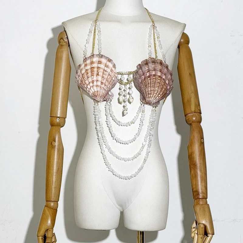 Y2K Adjustable Harness Crop Top Backless Seashell Bikini Top Bra Beach Jewelry Top Mermaid Shell Body Chain Bralette W250611