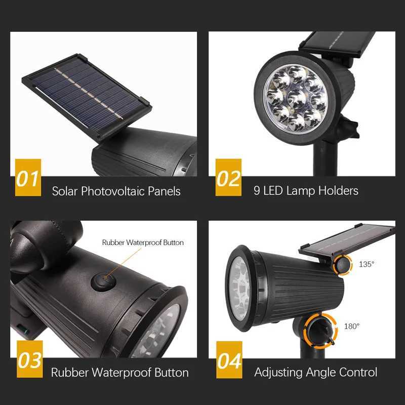 9 LEDs Solar Spotlights Outdoor IP65 Waterproof Spot Lights Brightness Adjustable for Garden Backyard Driveway Patio Decoration Z250610
