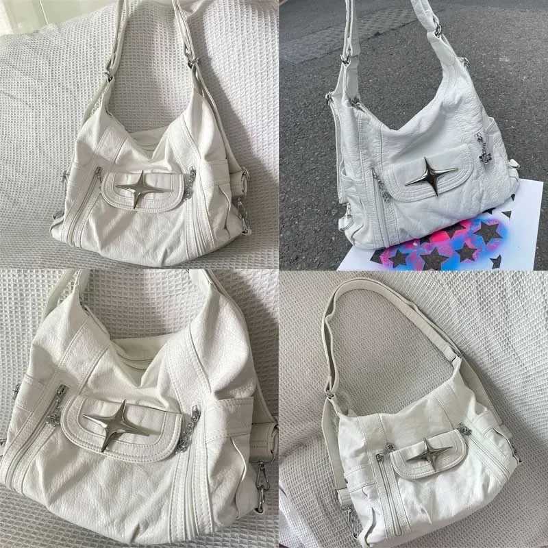 Y2k Large Capacity Shoulder Bag White Pu Leather Star Handbag American Style Punk Goth Fashion Simple Designer Handbag Tote Bag XJ250610