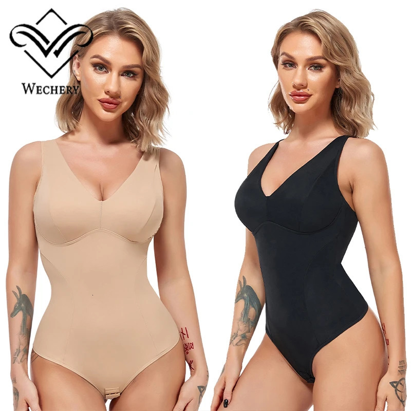Wechery Women Chic Shapewear Bodysuit Sexy VNeck Bodysuits With Removable Cup Body Shaper Skinny Black Slimming Underwear Bods 250610