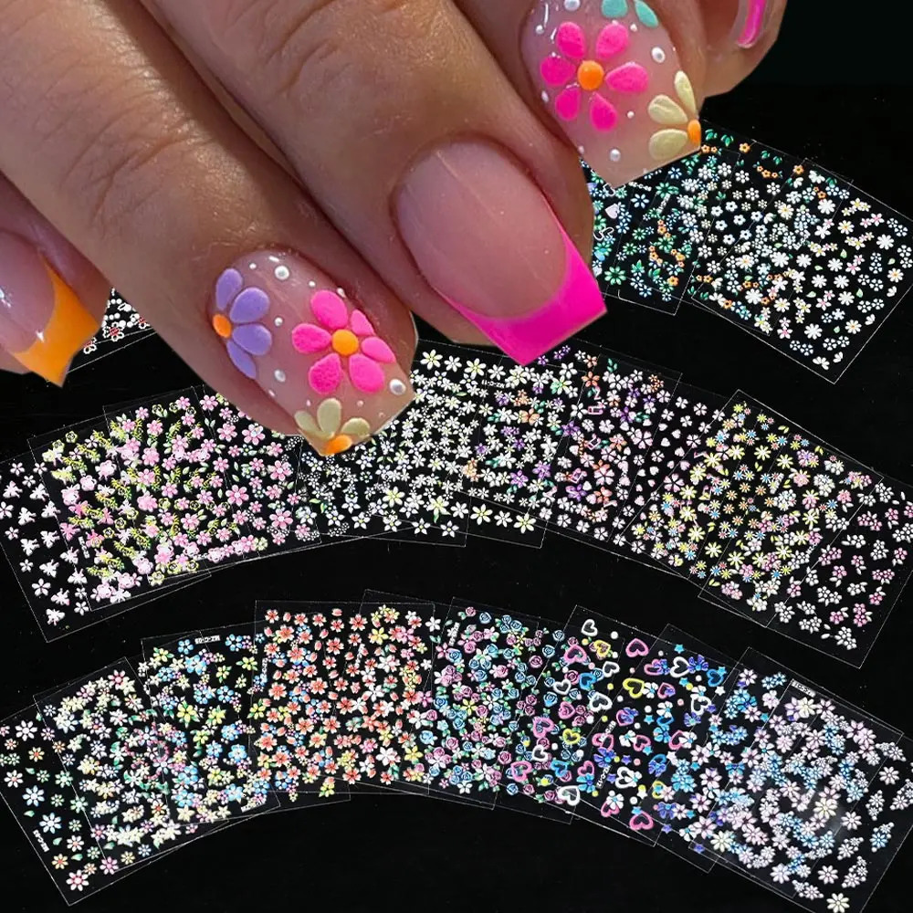 3D Colorful Flowers Cherry Blossoms Rose Daisy Nail Decals 2030607090pcs Cute Heart Sticker Manicure Decoration 556cm 250605