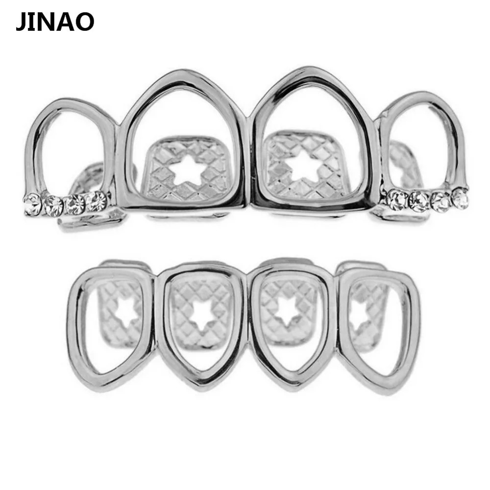 JINAO Grill Set Gold Color Plated Four Full Open Face Hollow Tooth Top with CZ Bottom Teeth Grills Sets For Men Women 250610