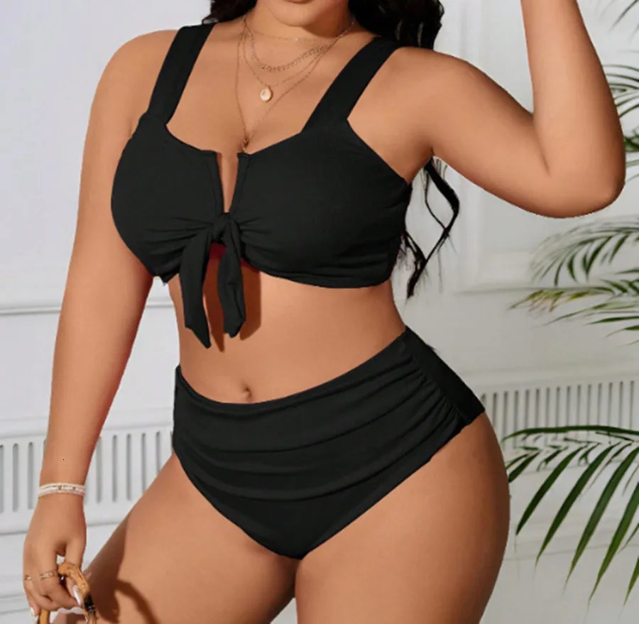 Womens Swimsuit 2025 Plus Size Ribbed Bikinis Sets Two Piece High Waist Black Tummy Control Bathing Suit Swimwear 250530