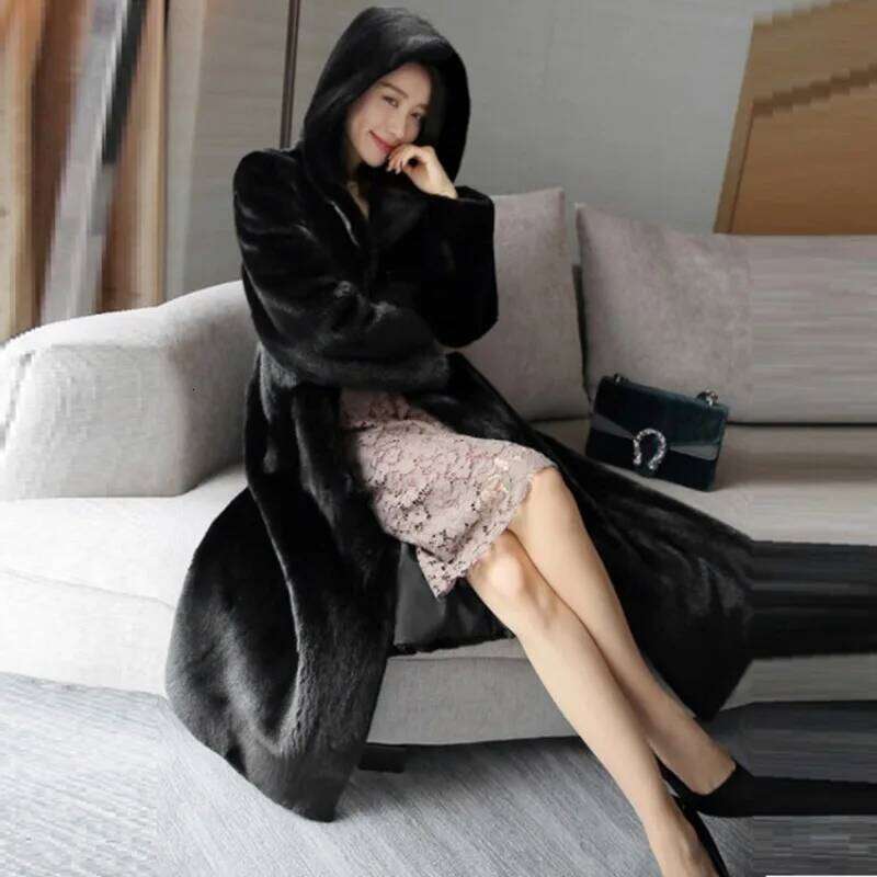Brand Coats Women Big Size Long Jacket Hooded Warm Thick Winter Outerwear Black Faux Mink Fur Coat Clothing