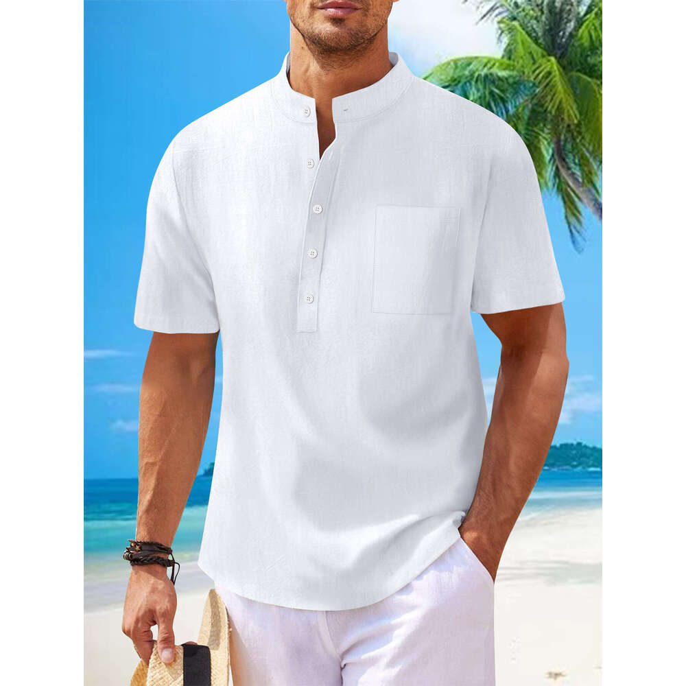 Spring Summer Men's Cotton Linen Stand Collar Short Sleeve Loose Casual Henley Shirt Men B5