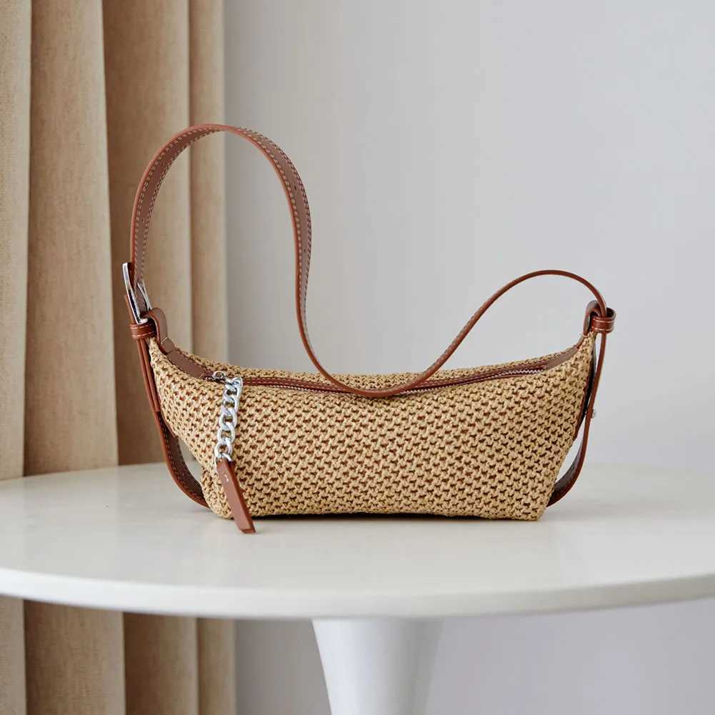 Women Simple Straw Beach Bag Adjustable Strap Crochet Hobo Bag Contrast Color Weaving Satchel Bag Ladies Summer Daily Bag XJ250610