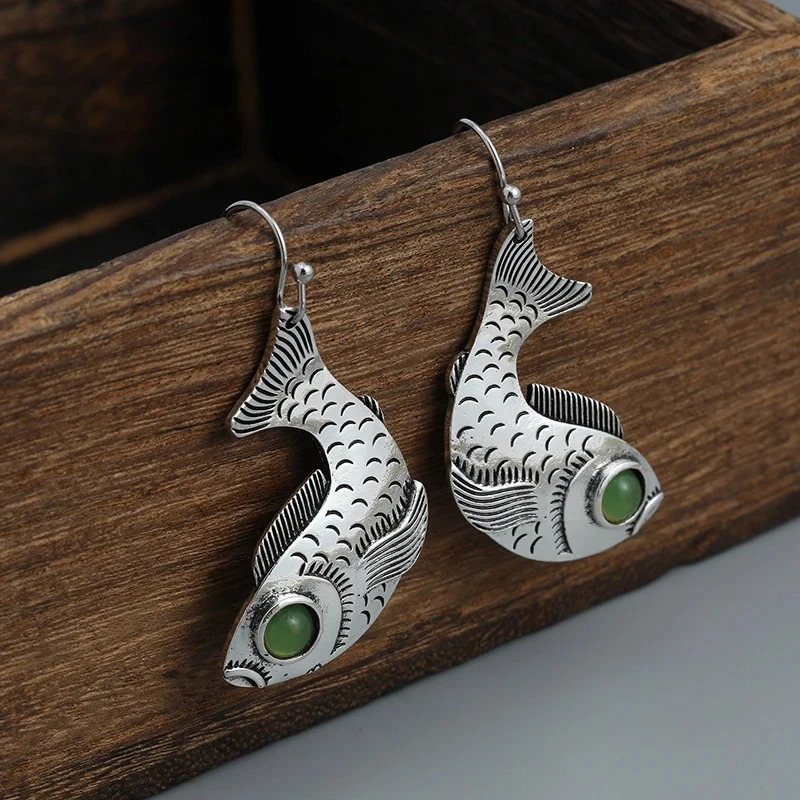 Charm Women Fish Animal Green Stone Drop Silver Color Earrings Party Jewelry Gifts 250610