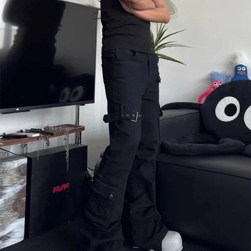 American High Street Vibe Straps and Squid Work Jeans Mens Style Korean Clothes Baggy Pants Denim Shorts Rhinestones 250611