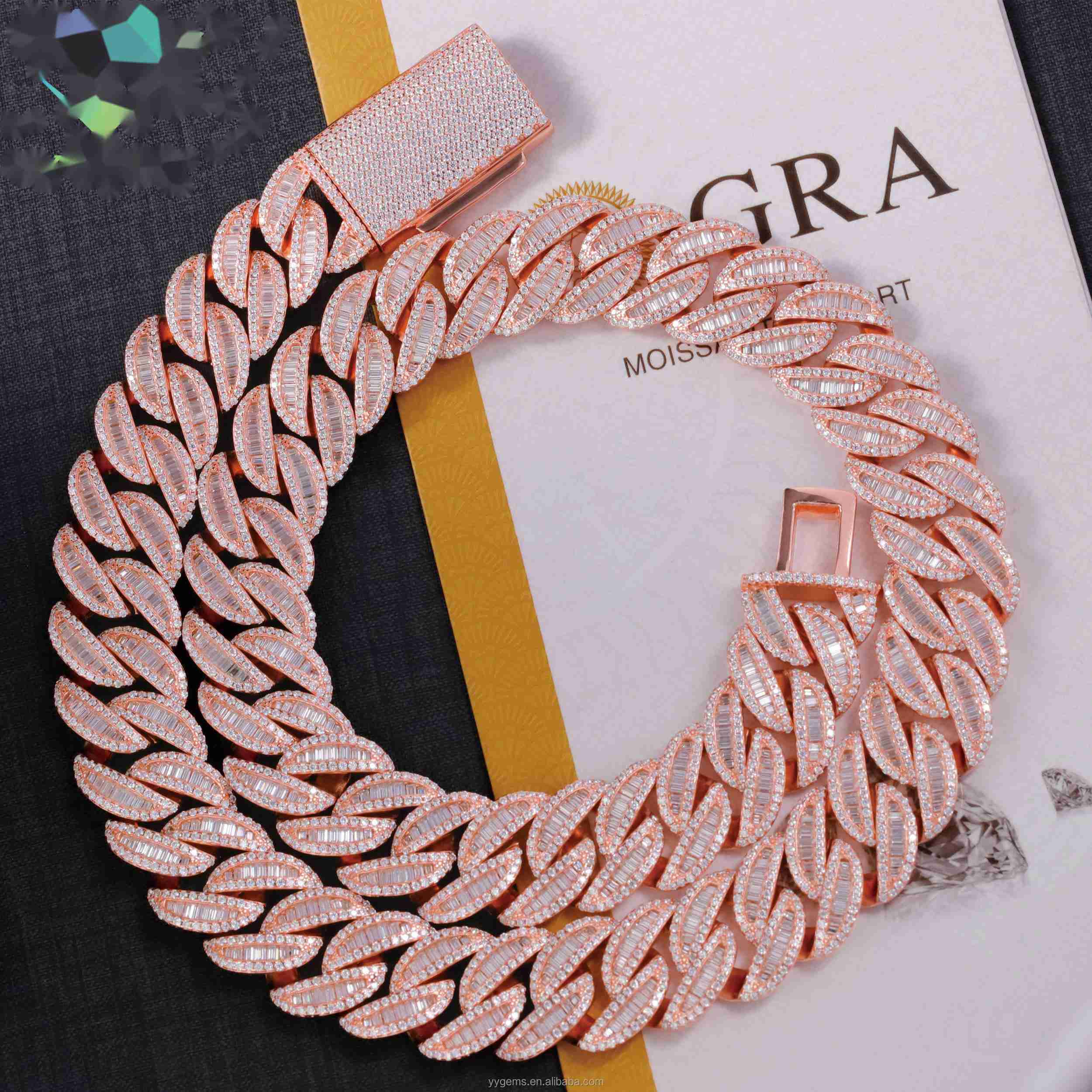 OACOCA Hip Hop Iced Out Diamond Necklace 16mm Wide 18k Gold Plated Baguette VVS Moissanite Cuban Link Chain for Men