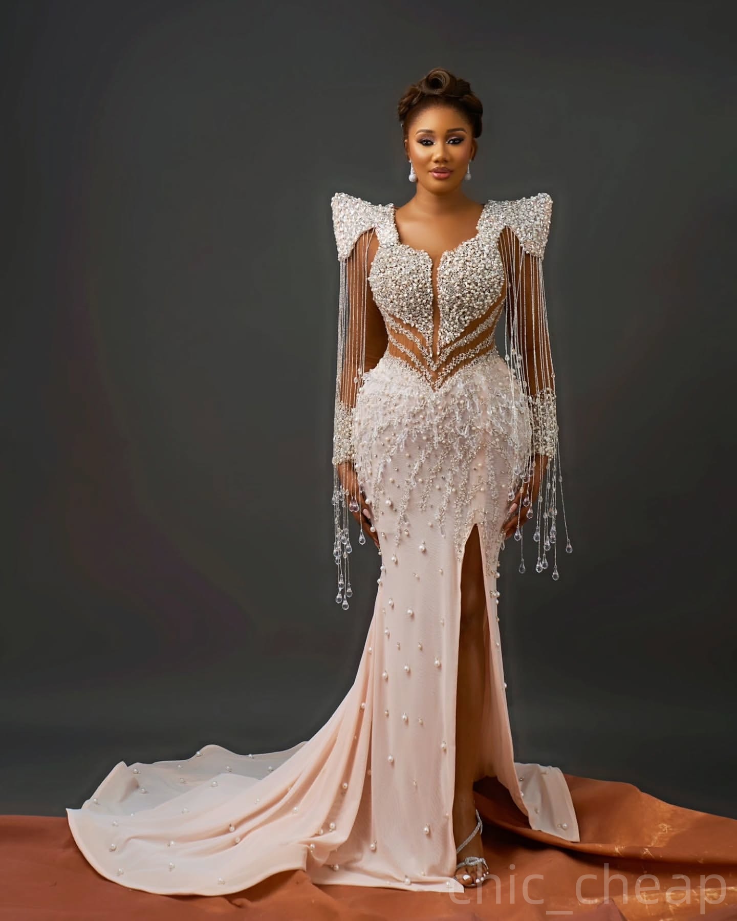 Champagne Mermaid Prom Dresses 2025 Pearls Crystals Beadings Satin Evening Formal Party Second Birthday Engagement Gowns Plus Size Dress For Special O