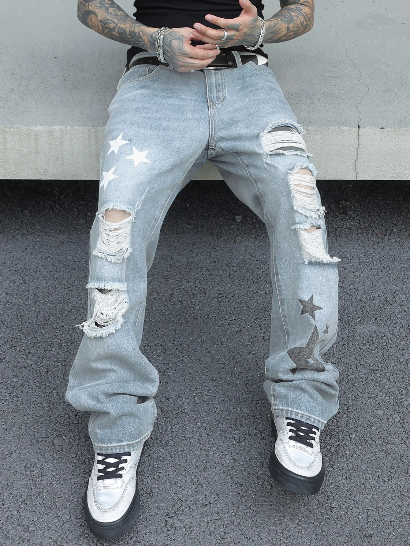 Mens Light Blue Distressed Jeans with Star Print Baggy Fit Streetwear Style Spring and Summer Fashion 250611
