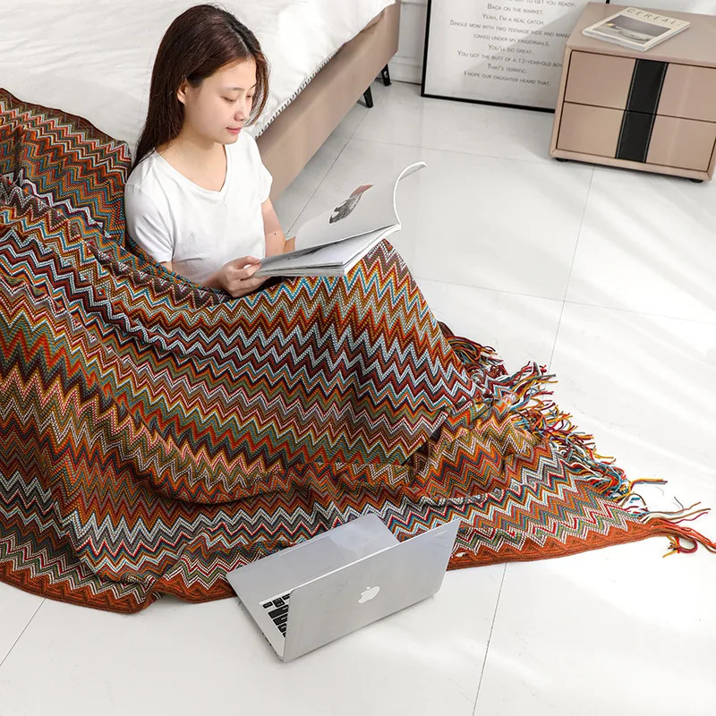 Retro Bohemian Knitted Striped Blanket Soft Plaid Blanket Sofa Decorative Throw Blankets with Tassel Blankets for Bed Bedspread 250604