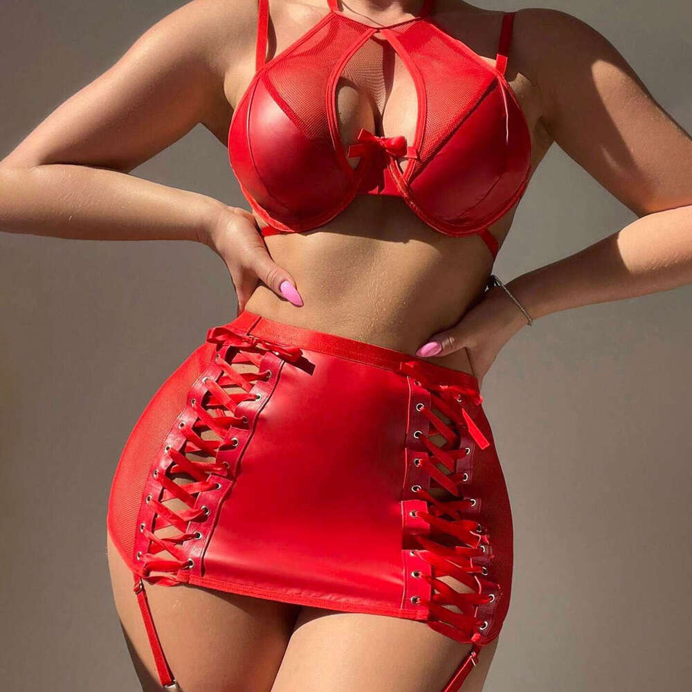 Spell Lingerie Porn Suits Sexy Sheer Lingerie Temptation Leather Bodycon Dress Underwear Garter Belt Four Piece Set Sexy Lingerie