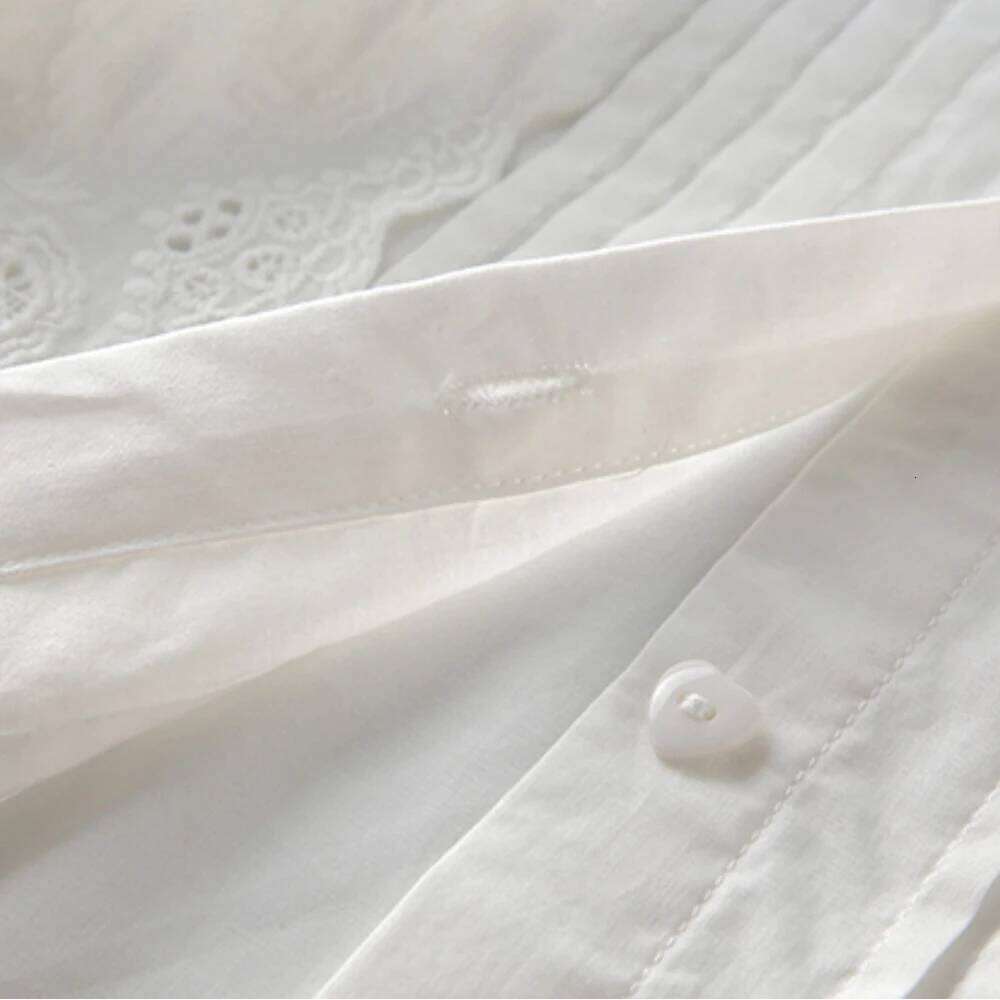 Rowling Mirror Delicate Embroidered Patchwork Women Button O-Neck Short Sleeve Vintage Office Lady Shirt