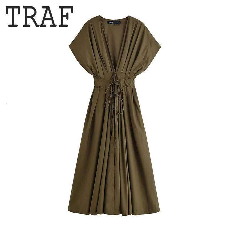 TRAF V-neck Short Sleeve For Women Fashion Sagging Sense Long Waist Lace Up Midi Dress Elegant Evening Dresses