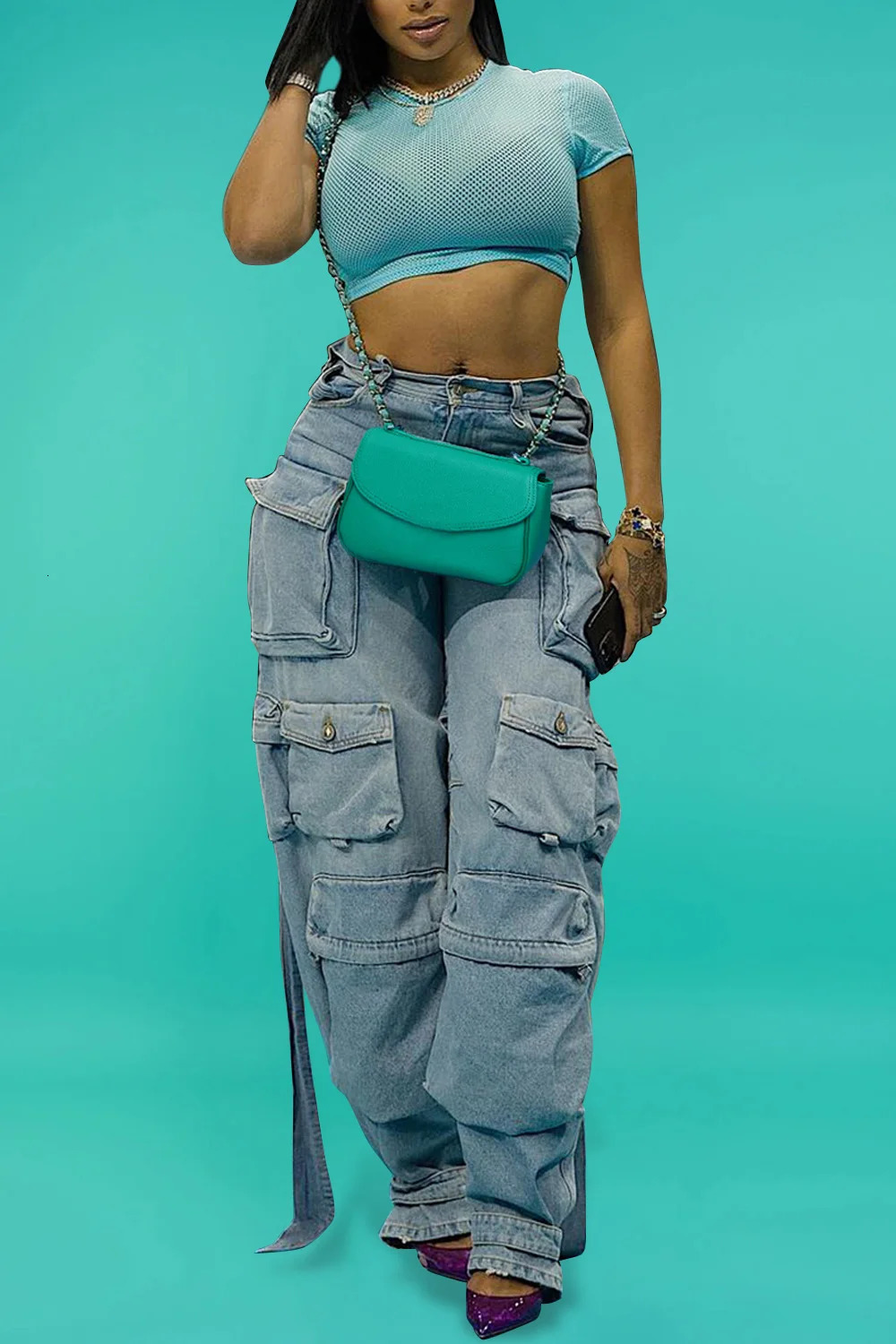 Plus Size Daily Light Blue Spring Summer Pocket Cargo Denim Jeans High Street Harajuku High Waist Casual Loose Denim Trousers 250609