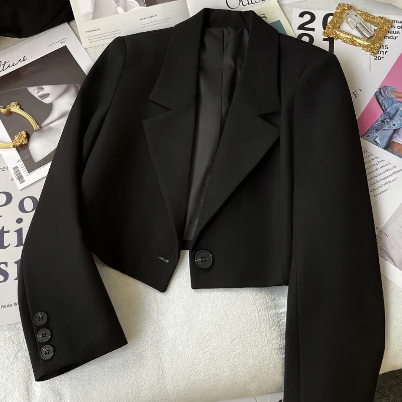 Black Cropped Blazers Woman Trend 2025 Allmatch Notched Collar Crop Jacket Women Korean Chic Single Button Suit Coat 250603