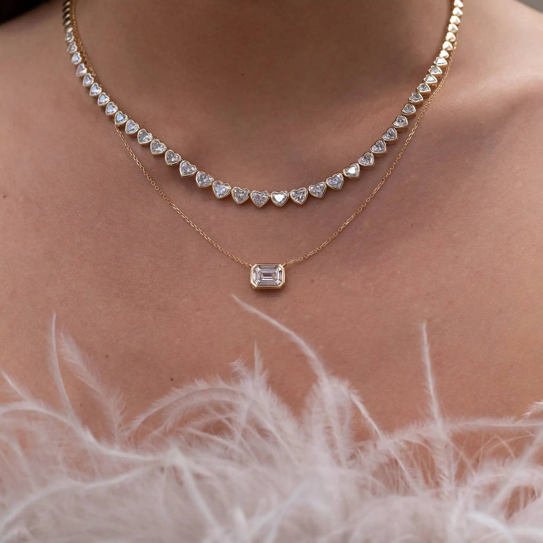Green White CZ Bezel Heart Shaped Tennis Chain Choker Necklace For Women Geometric Classic Jewelry