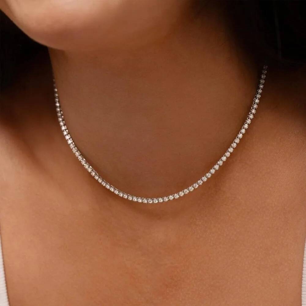 FEOBUR 2mm D Color Moissanite Tennis Choker Necklace for Women S Sier Plated Gold Adjustable Full Dia Neck Chain