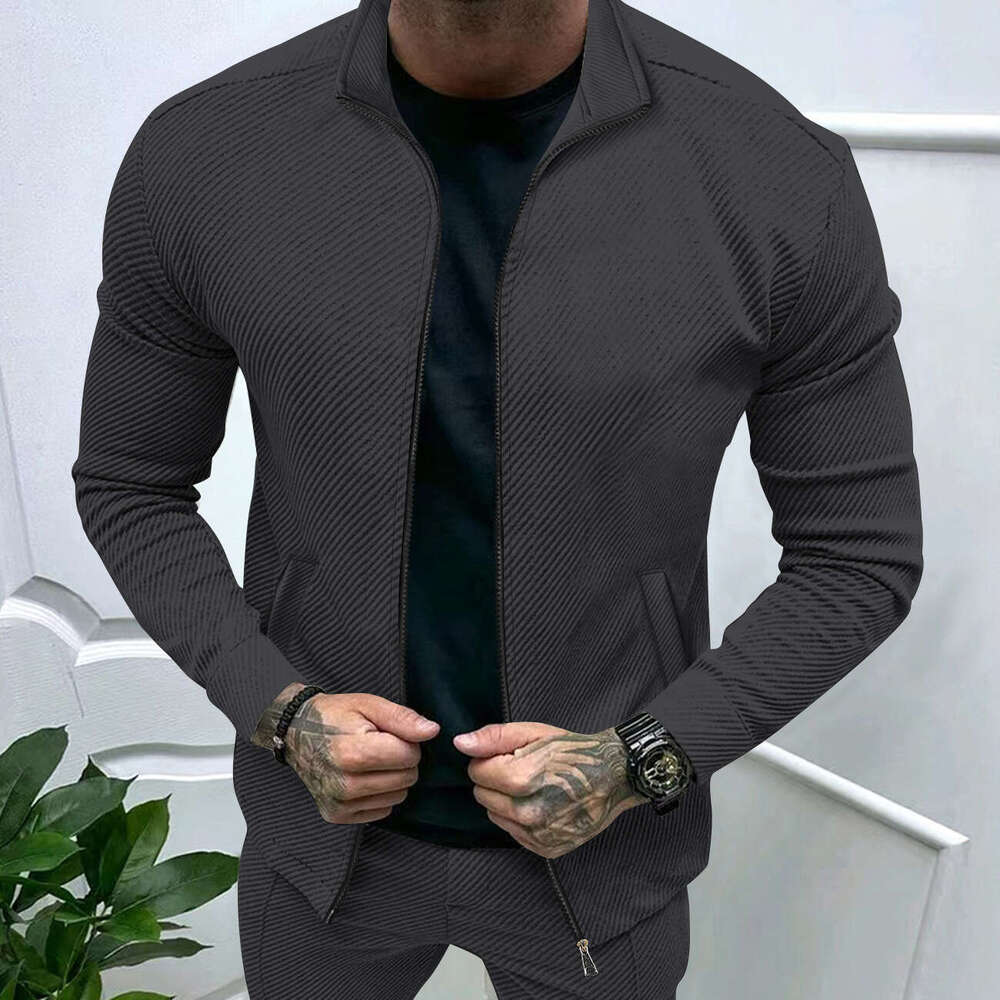 Men's Fashion Autumn Winter New Twill Jacquard Long Sleeve Slim Fit Zipper Jacket Coat B5