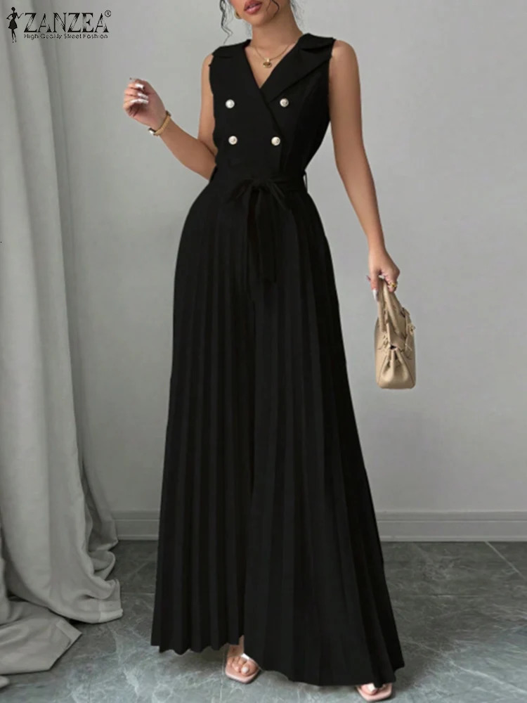 ZANZEA Woman Fashion TieWaist Jumpsuits Elegant Lapel Neck Sleeveless Pleated Wide Leg Pant Overalls Commute Office Long Romper 250609