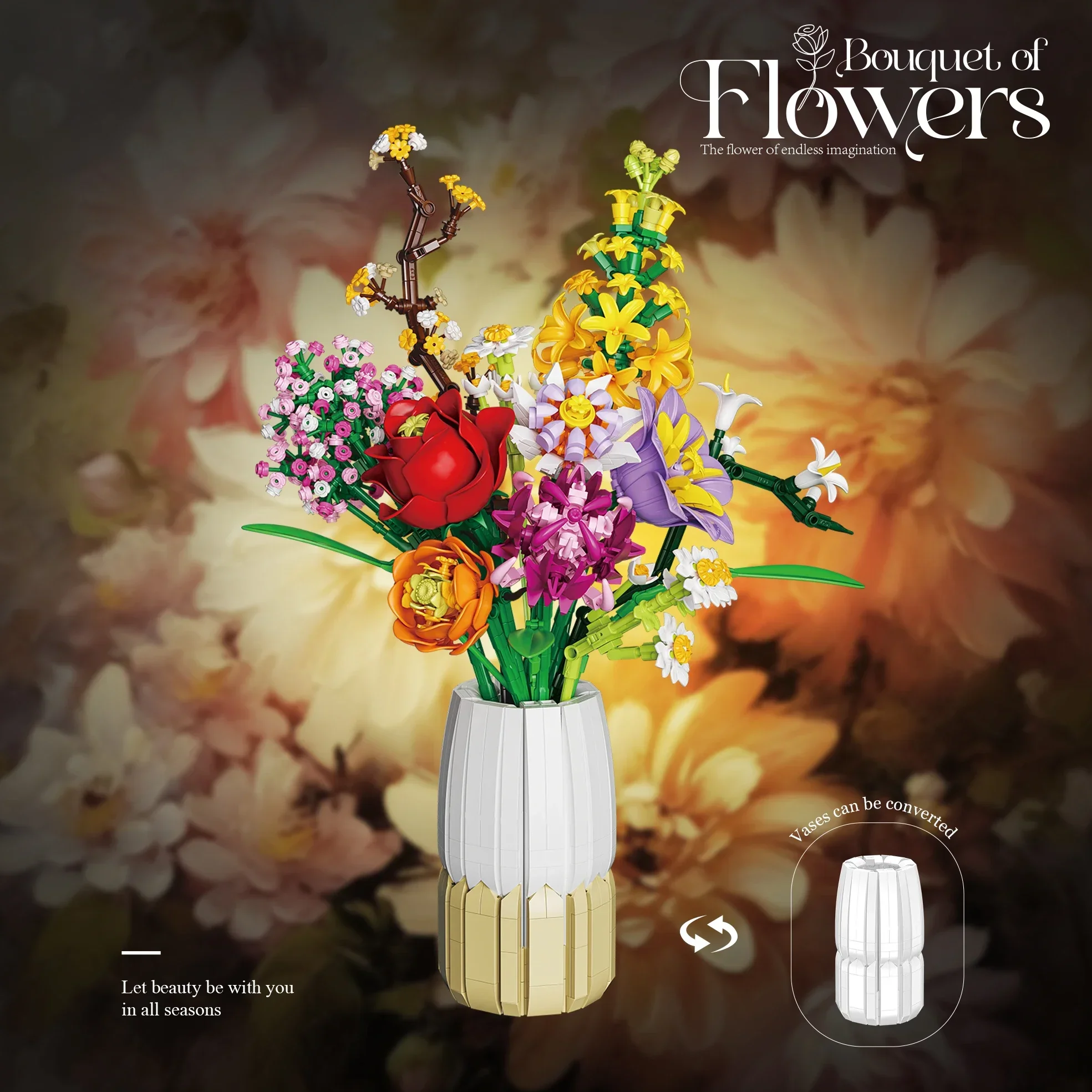 1458PCS Romantic Bouquet Building Blocks Rose Daisy Lily Flower Model Brick Educational DIY Gift for Kids Adults Home Decoraiton