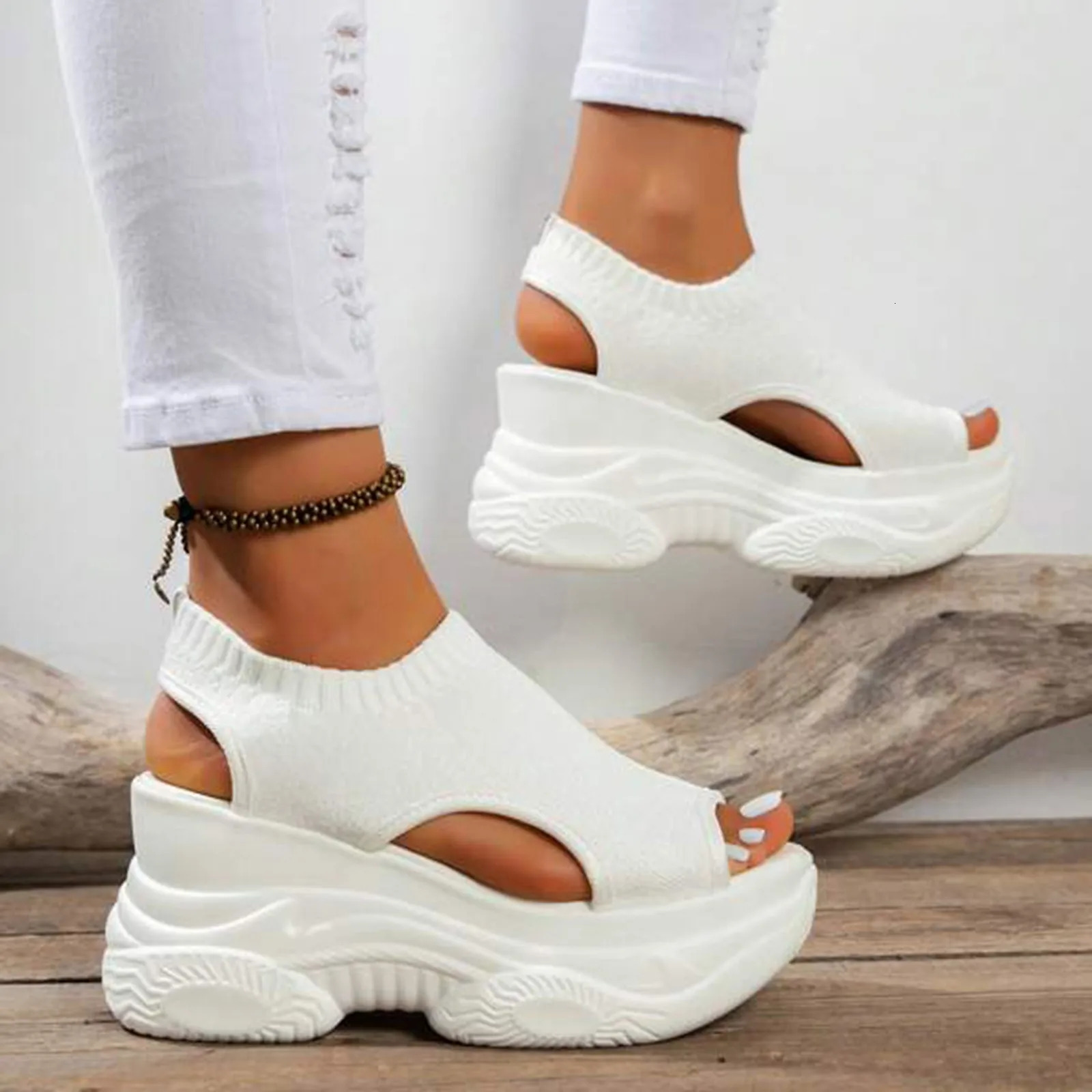Thick Soled Sandals For Women Summer Mesh Breathable Peep Toe Sloping Heel Sandals Plus Size Sports Walking Mesh Flat Shoes 250609