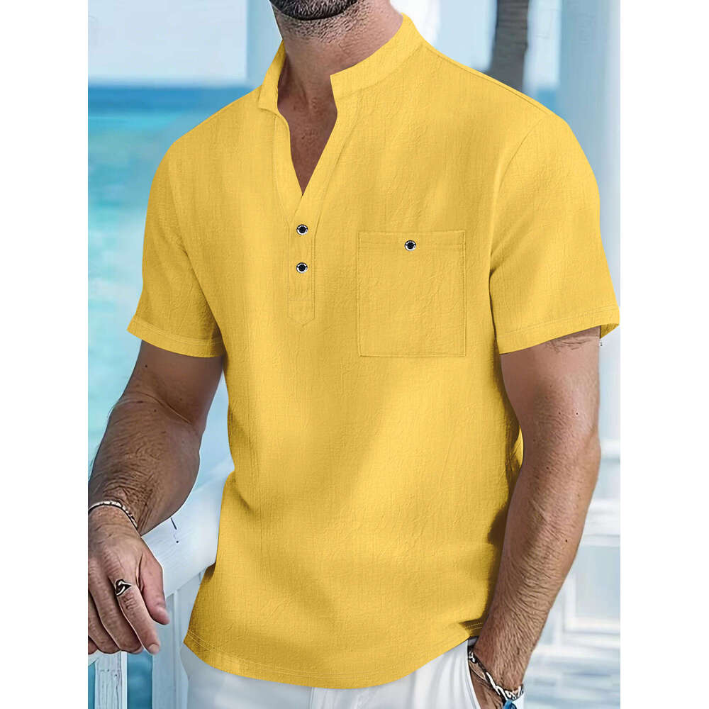 New Stand Collar T-Shirt Linen Short Sleeve Shirt Casual Thin Loose Henley Men's Wear B5