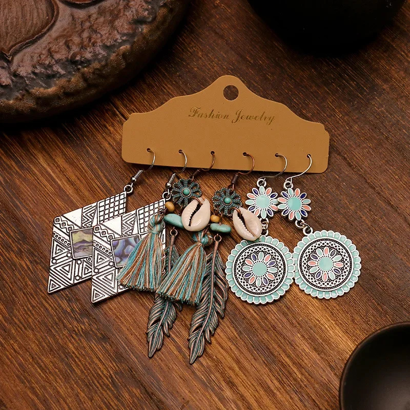 Boho Geometry Multicolor Round Beads Flower Drop Earrings Set for Women Vintage Ethnic Fanshaped Tassel Long Earrings Jewelry 250610