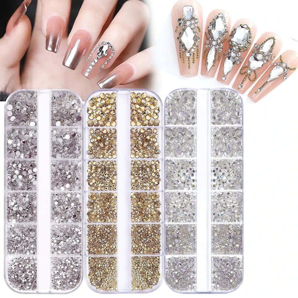 2400pcs Shiny Clear Crystal Gems Nail s 154mm Mixed Round Glass Stone Flatback Charms 12grids Diamond DIY 250606