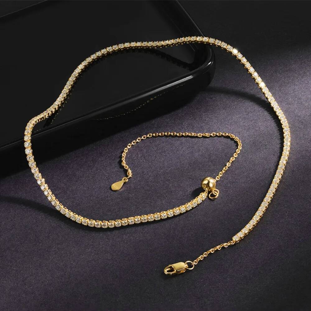 FEOBUR 2mm D Color Moissanite Tennis Choker Necklace for Women S Sier Plated Gold Adjustable Full Dia Neck Chain