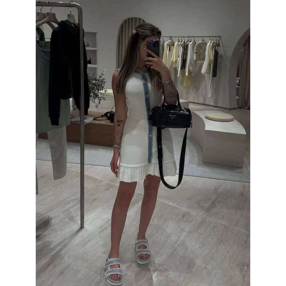 French Elegant White Maxi For Women 2025 New Pleated Patchwork Knitted Mini Dress Socialite Chic Graceful Outfit