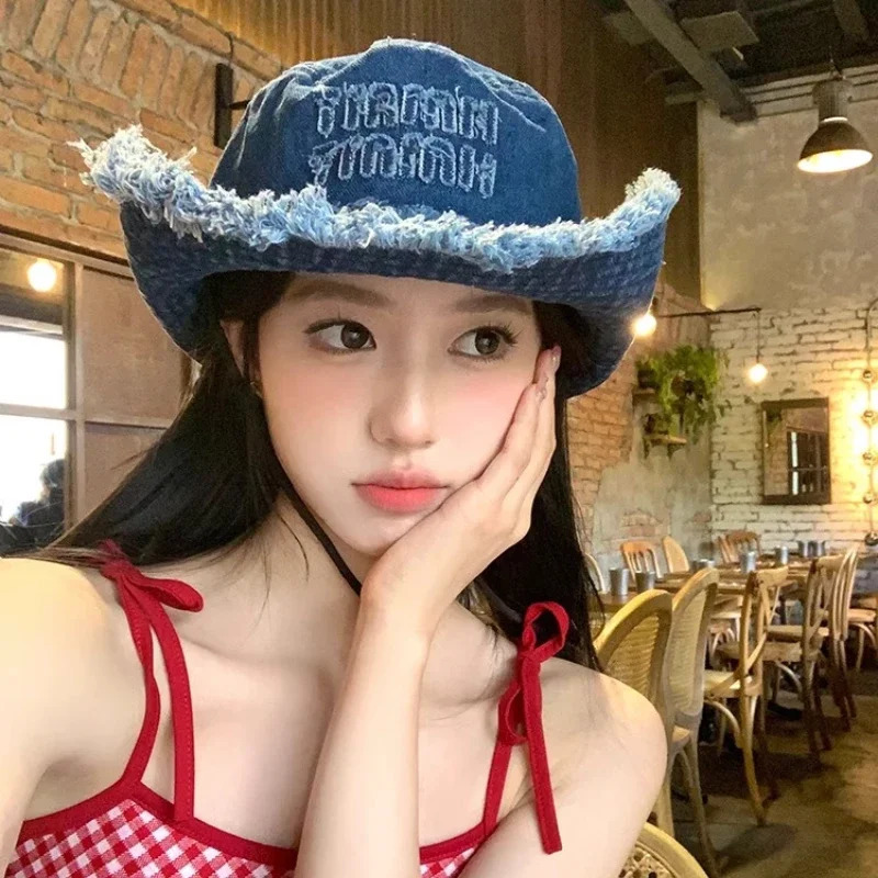 Wholesale Letter Tassel Denim Women Sun Hat Spring Summer Hiking Sun Protection Panama Beach Wide Side Bucket Hat for Men 250610