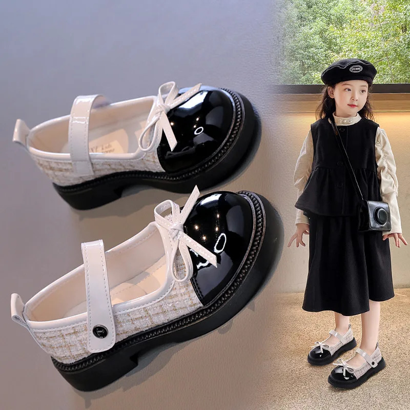 Butterfly Knot Anti Slip Round Toe Girls Leather Shoes Spring Autumn Outdoor PU Sweet Princess Leather Shoes Sandalias De Mujer 250611