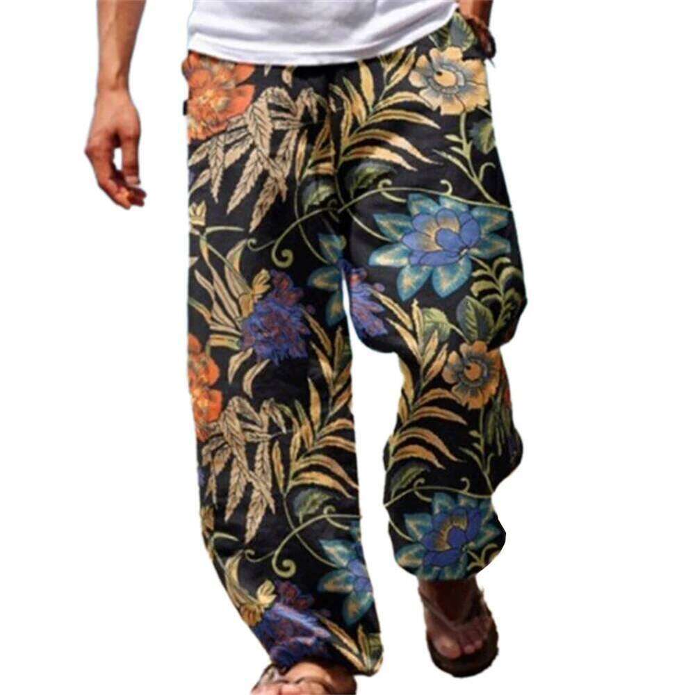 Mens Casual Baggy Harem Pants Elastic Waist Beach Loose Wide Leg Hippy Trousers