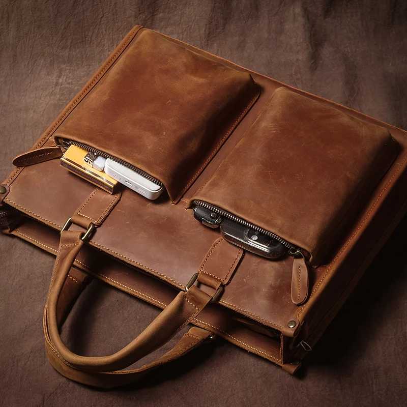 GURO Higher Quality Executive Briefcase Mens Genuine Leather Handbag Luxury Briefcase 14 Laptop Crossbody Vintage Shoulder Bag W250610