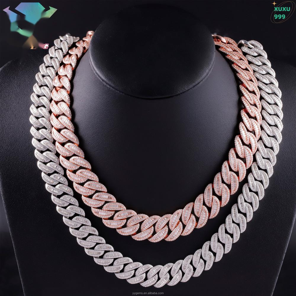 OACOCA Hip Hop Iced Out Diamond Necklace 16mm Wide 18k Gold Plated Baguette VVS Moissanite Cuban Link Chain for Men