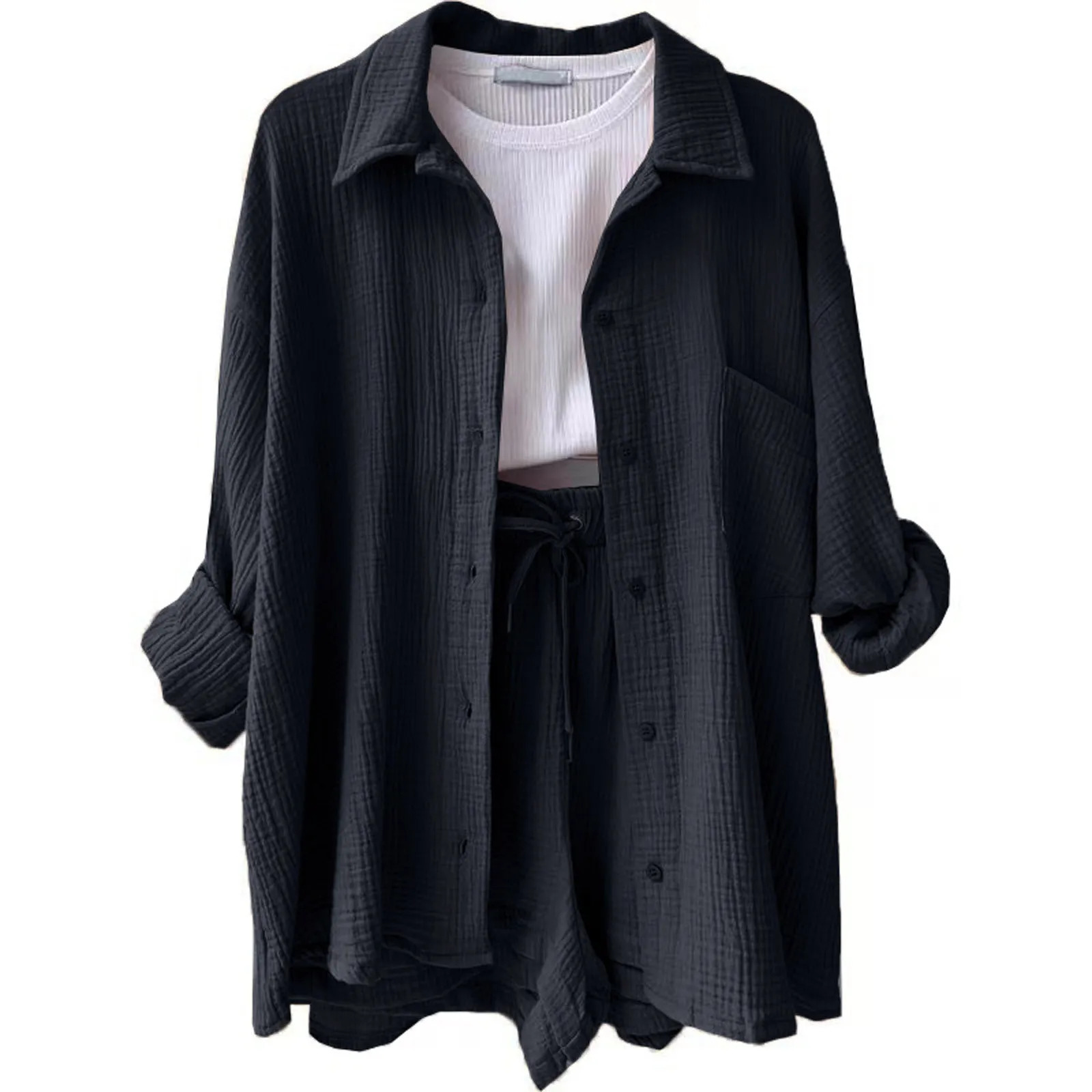 Summer Cotton Linen High Waist Shirt Shorts Women Turn Down Collar Long Sleeve Tops and Shorts Suit Cotton Casual Two Piece Sets 250606