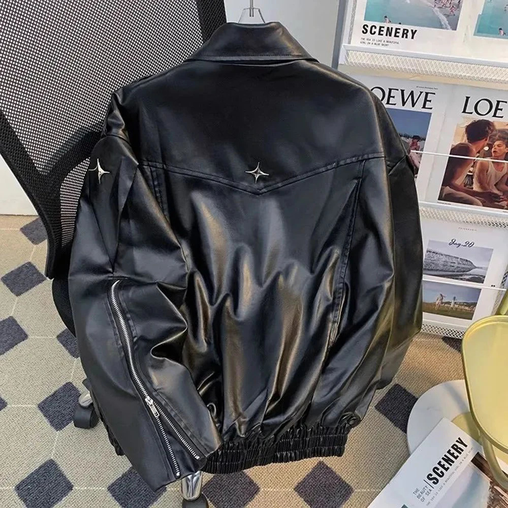 Men Pu Jacket Motorcycle Biker Straps Metal Pu Jacket Streetwear Fashion Versatile Trendy Casual Long-Sleeve Tops MenS Clothing 250611