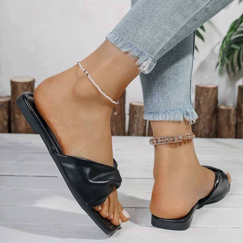 Fi Pleated PU Leather Flat Slippers Women 2025 Summer Square Toe Sandals Woman Comfy N Slip Beach Flip Flops Plus Size 43 XJ250610