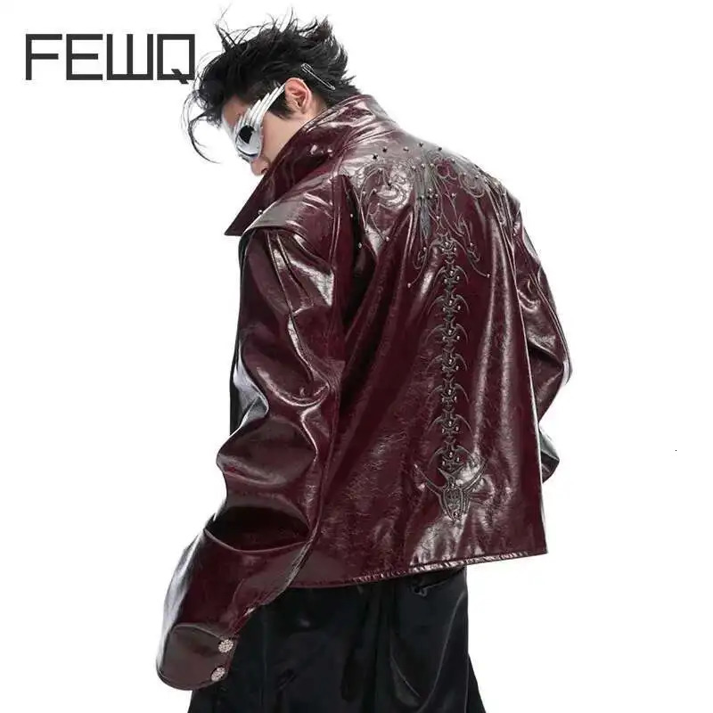 FEWQ Mens PU Leather Jackets Chine Rivet Embroidery Embroidery Turn-down Collar Solid Color Casual Male Coats 24K2833 250611