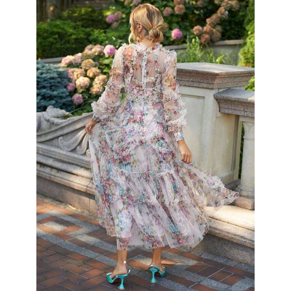 Lace Lantern Sleeve Mesh Print Cascading Ruffle Vacation Ball Gown Dresses For Women 2022 Designer Autumn Runway Elegant