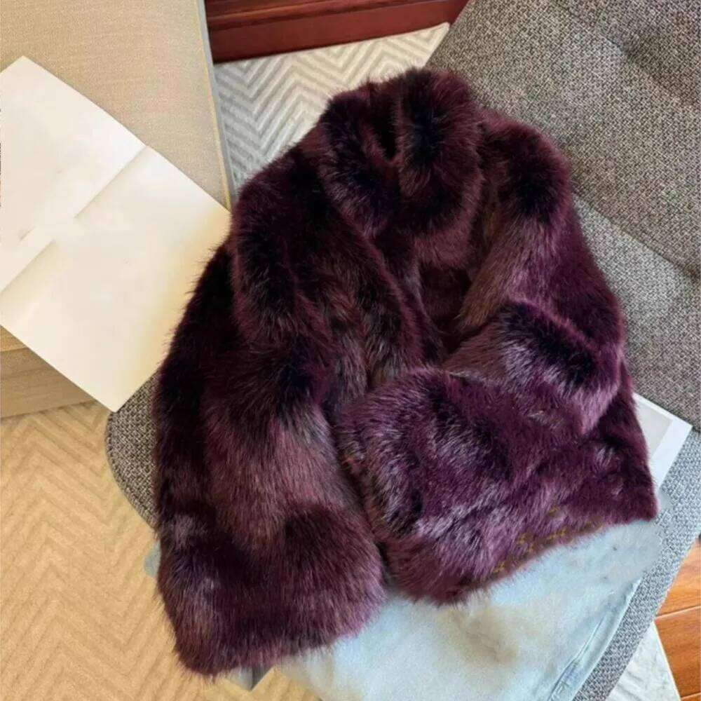 Winter Dark Purple Turn down Collar Lapel Hairy Shaggy Faux Coat Women Full Sleeve Furry Fur Warm Jacket Short Outerwear