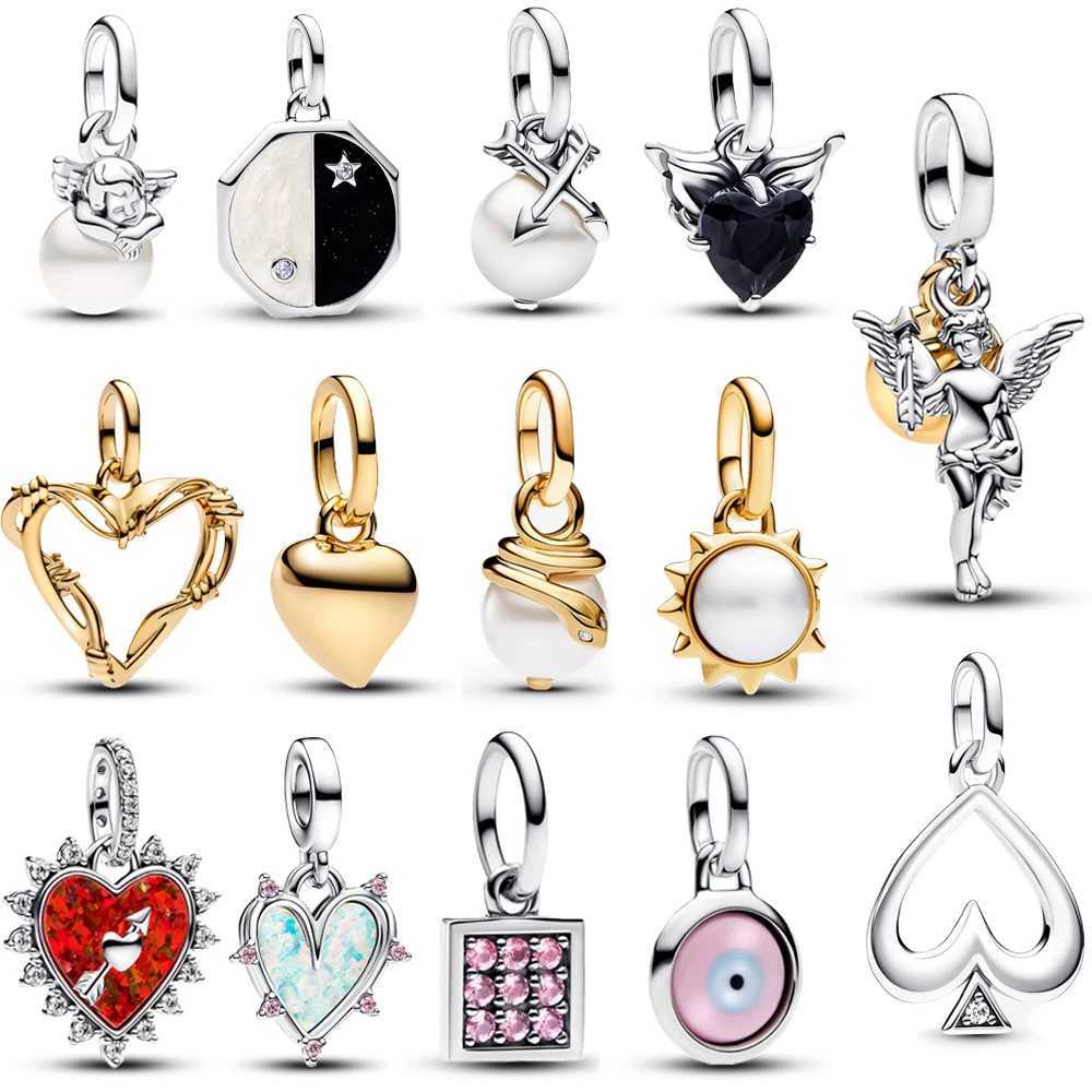 Classic Gold Wire Heart Sparkling 925 Sterling Silver Pearl Angel Dangle Charm For DIY Women Bracelet Pendant Accessories XJ250611