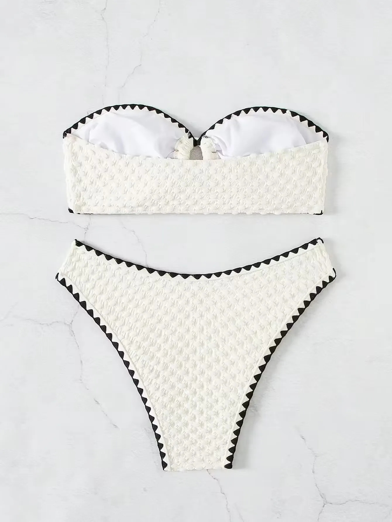 Swimwear White 2 Piece Strapless Swimsuit for Women Sexy Bandeau Backless Bikini Set Laceup Patchwork Bathing Suit 250609