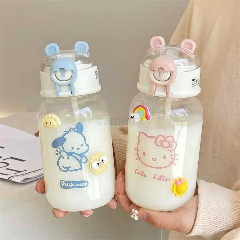 Sanrio Sanrio Anime Transparent Straw Cup Hello Kitty Pochacco 600ML Cartoon Plastic Water Cup with Straw for Drinking Portable Handle for StudentsXJ2