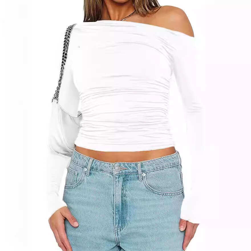 Women's Unique Asymmetric Shoulder Long Sleeve T-Shirt Hot Girl Outdoor Base Shirt Slim Fit Pullover Off-Shoulder Top B5