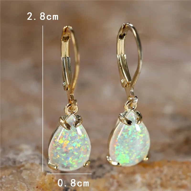 Female White Fire Opal Stone Classic Gold Color Water Drop Earrings Cute Dangle Boho Jewelry For Women 250610