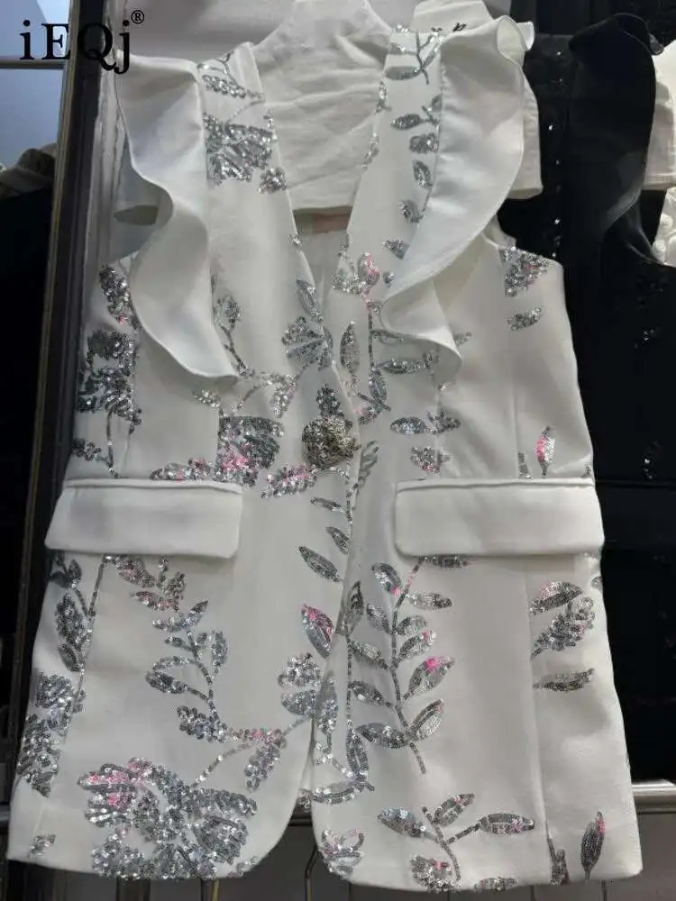IEQJ Casual Embellished Sleeveless Blazer With Ruffles And Sequined Floral Patterns Female Spring and summer 3QW0236 250610